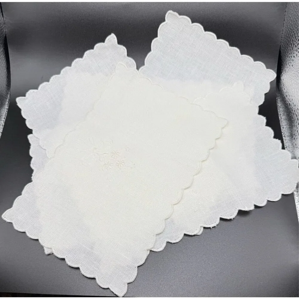 Linen Cocktail Napkins Set of 6 White On White Floral Embroidery 5.5” X 8”